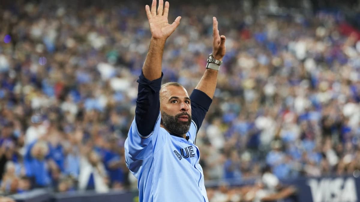 Jose Bautista former Toronto Blue Jays waves to the fans during a pregame celebration before a game between the Toronto Blue Jays and Seattle Mariners at Rogers Centre.