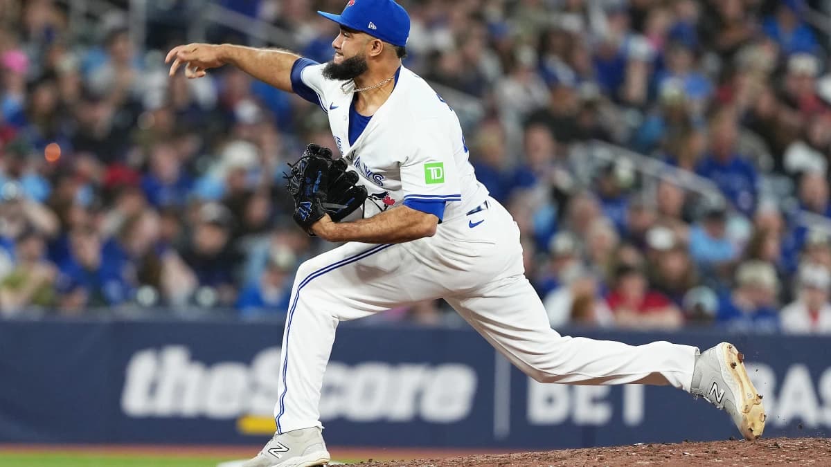 Toronto Blue Jays relief pitcher Yimi García (93) throws a pitch against the Cleveland Guardians during the ninth inning at Rogers Centre.