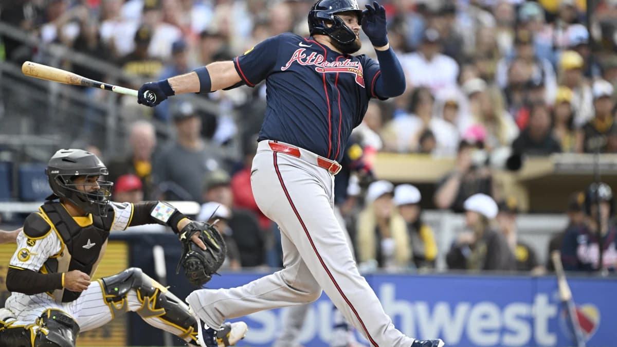 Atlanta Braves designated hitter Rowdy Tellez (11) hits an RBI single during the second inning against the San Diego Padres at Petco Park.