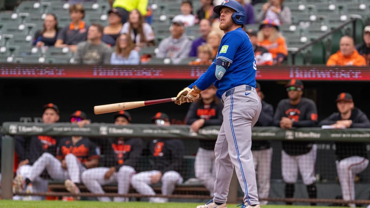 Toronto Blue Jays outfielder Myles Straw (3) pops out to short stop during the second inning at Oriole Park at Camden Yards.