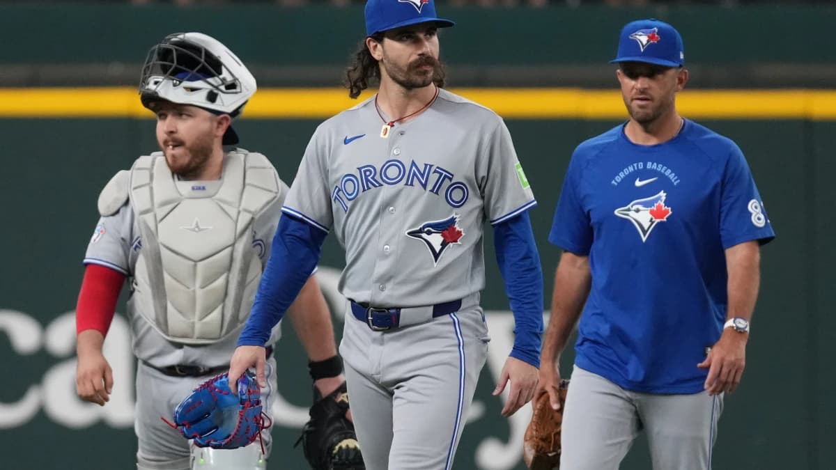 Toronto Blue Jays pitcher Dylan Cease (84) walks in from the bullpen prior to his start against the Texas Rangers at Globe Life Field.
