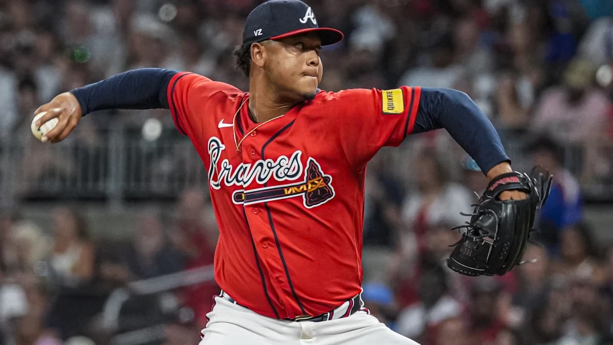 Atlanta Braves pitcher Elieser Hernandez (57) pitches against the Washington Nationals during the seventh inning at Truist Park.