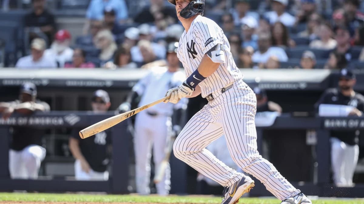 New York Yankees first baseman Paul Goldschmidt (48) hits a double in the fourth inning against the New York Mets at Yankee Stadium.