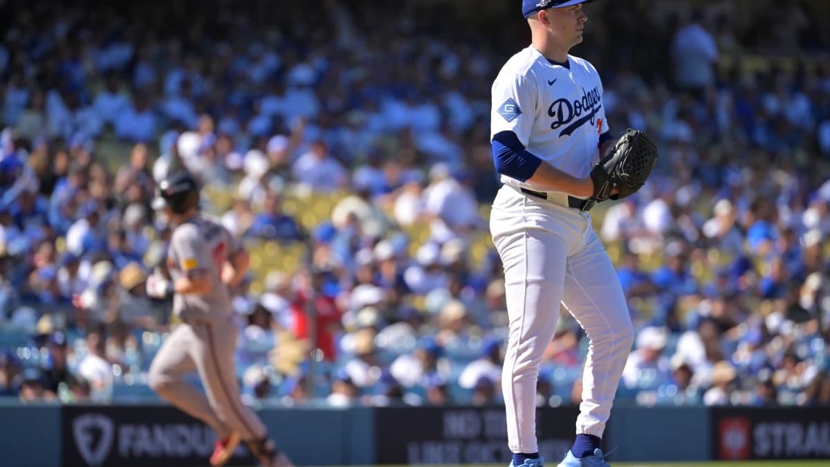 Los Angeles Dodgers starting pitcher Tarik Skubal (29) looks on from the mound after giving up a solo home run to Atlanta Braves catcher Sean Murphy (12) in game one of the NLDS of the 2026 MLB Playoffs at Uniqlo Field at Dodger Stadium.