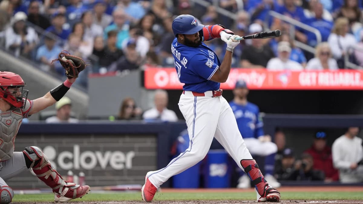 Toronto Blue Jays designated hitter Vladimir Guerrero Jr. (27) strikes out against the Cincinnati Reds during the eighth inning at Rogers Centre.