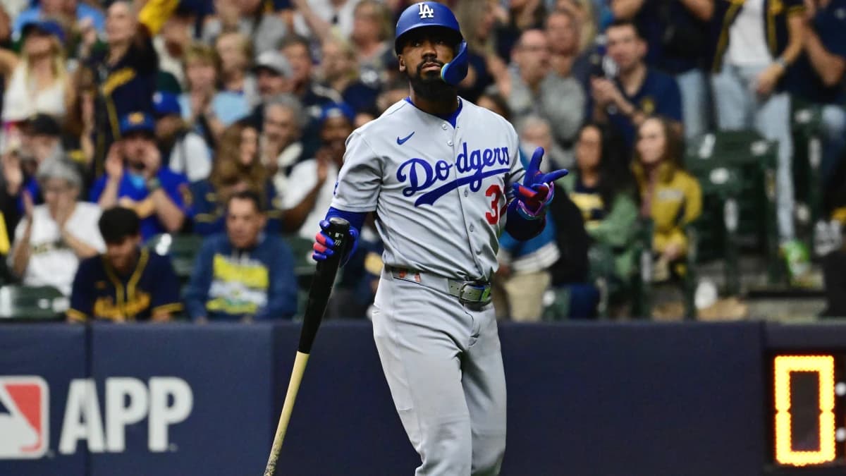 Los Angeles Dodgers outfielder Teoscar Hernandez (37) in game one of the NLCS for the 2026 MLB Playoffs at American Family Field.