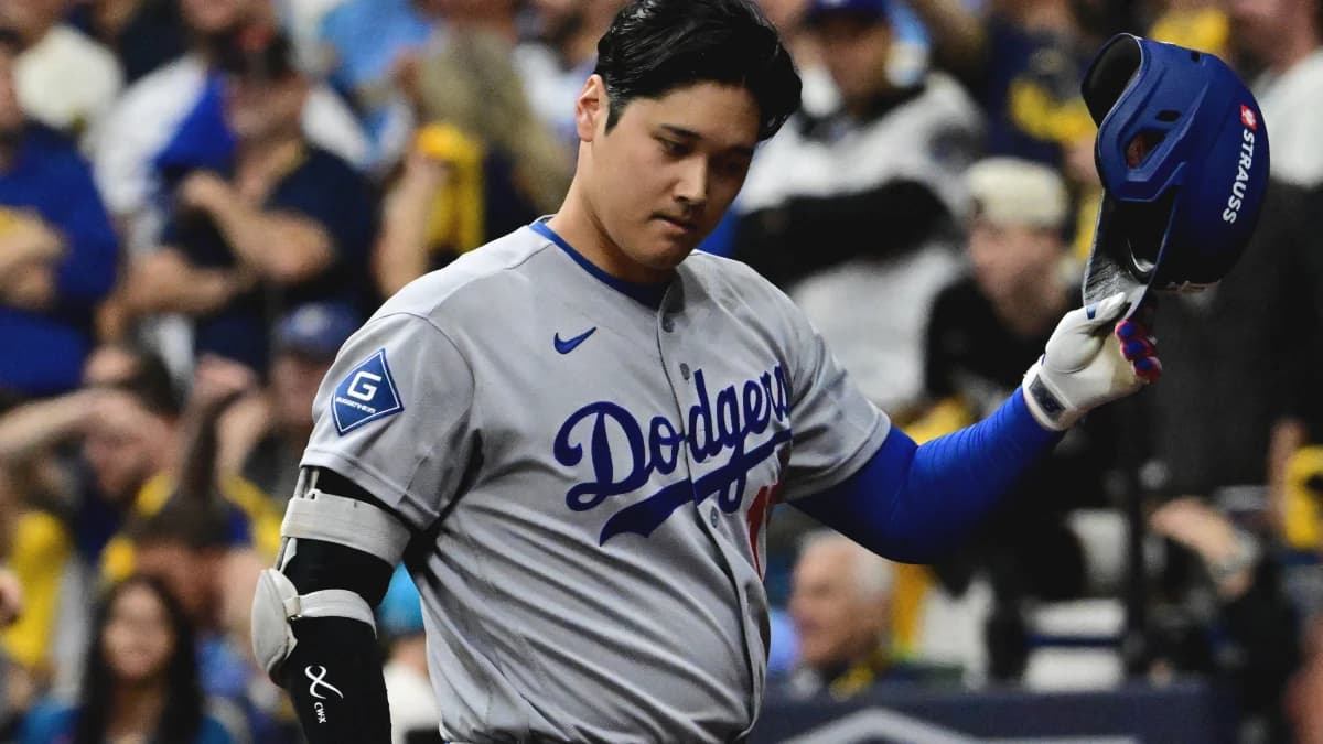 Los Angeles Dodgers pitcher Shohei Ohtani (17) reacts during the eighth inning against the Milwaukee Brewers in game one of the NLCS for the 2026 MLB Playoffs at American Family Field.