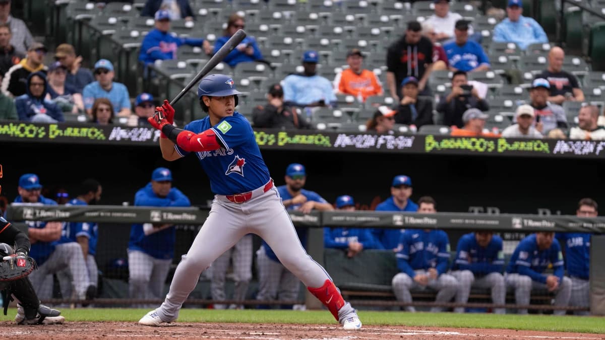 Toronto Blue Jays infielder Kazuma Okamoto (7) awaits a pitch during the sixth inning at Oriole Park at Camden Yards