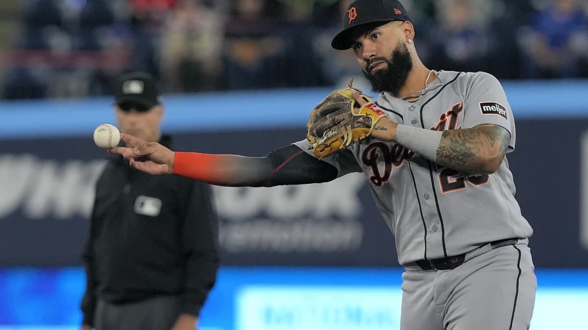 Detroit Tigers second baseman Gleyber Torres (25) throws out Toronto Blue Jays center fielder Brett Bateman (not pictured) at first base during the fourth inning at Rogers Centre