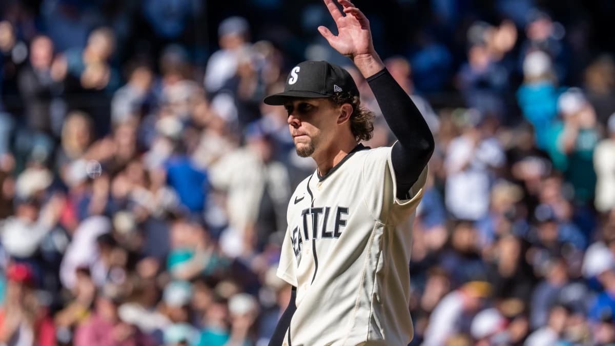 Seattle Mariners starting pitcher Logan Gilbert (36) acknowledges fans during a game against the Los Angeles Angels at T-Mobile Park.