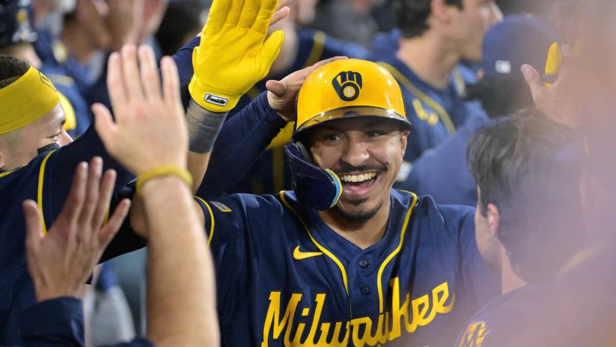 Milwaukee Brewers third baseman David Hamilton (6) celebrates after a solo home run against the Los Angeles Dodgers during the ninth inning in game four of the NLCS for the 2026 MLB Playoffs at Uniqlo Field at Dodger Stadium.