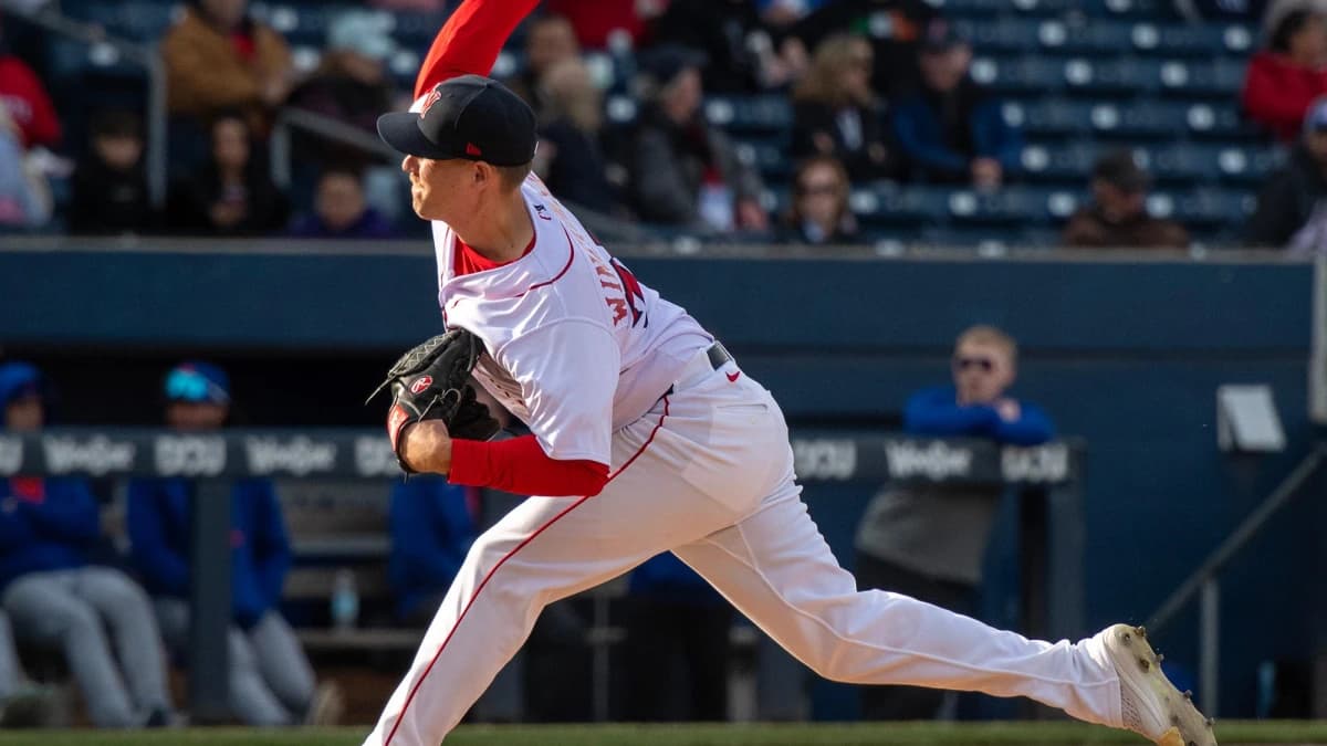 Worcester pitcher Josh Winckowski throws in the late inning against Syracuse on opening day at Polar Park.