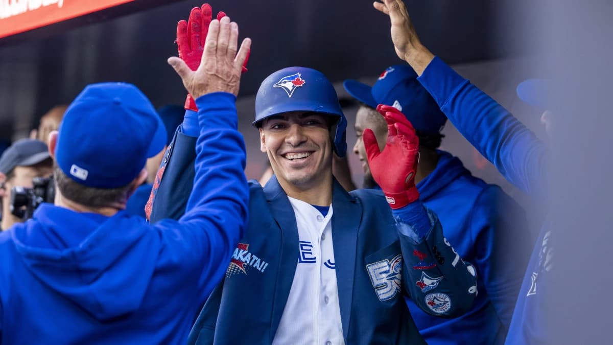 Toronto Blue Jays catcher Brandon Valenzuela (59) celebrates hitting a home run against the Cincinnati Reds during the second inning at Rogers Centre.