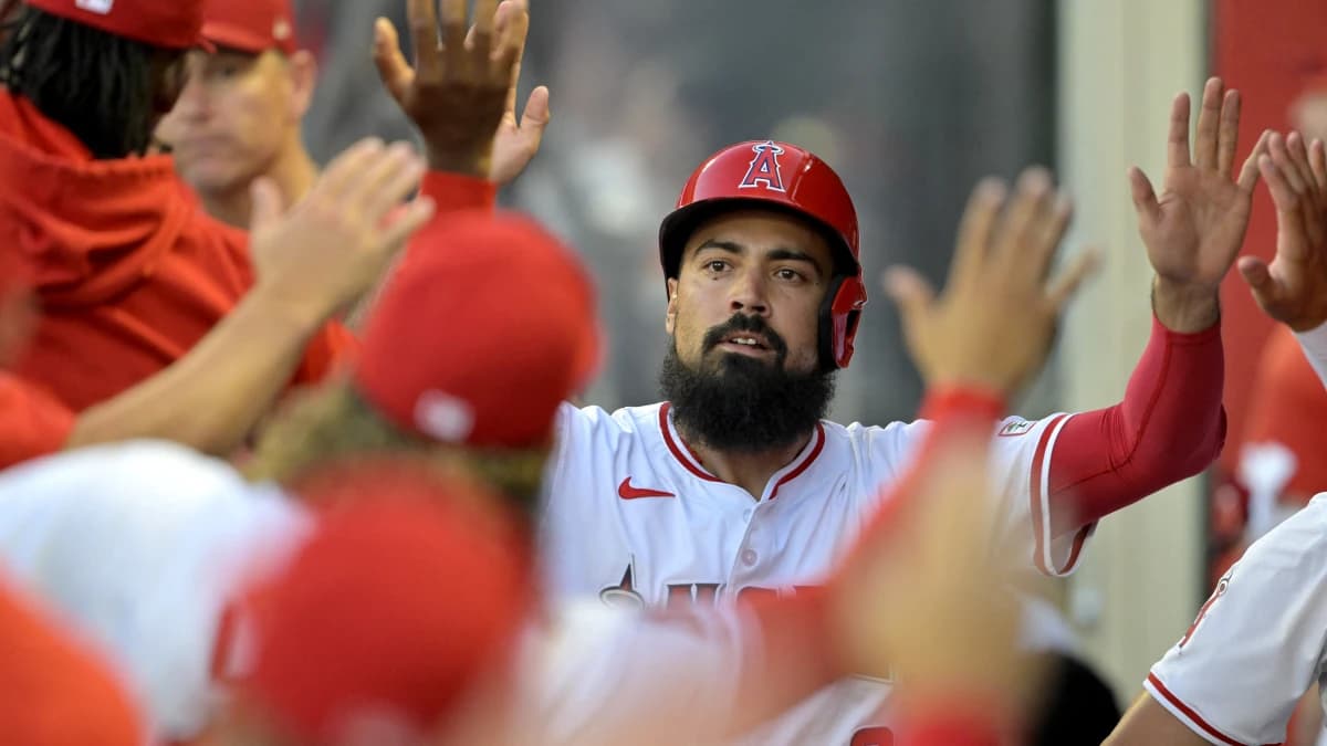 Los Angeles Angels third baseman Anthony Rendon (6)is congratulated in the dugout after scoring on a home run by center fielder Mickey Moniak (16) in the first inning against the Los Angeles Dodgers at Angel Stadium.