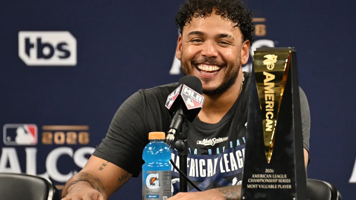 Tampa Bay Rays pitcher Freddy Peralta (51) speaks in a press conference after defeating the Cleveland Guardians in game six of the ALCS for the 2026 MLB Playoffs at Tropicana Field.