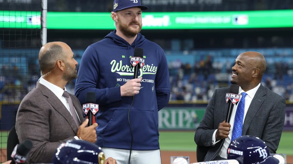 Tampa Bay Rays pitcher Bryan Baker (47) is interviewed before game five of the 2026 World Series against the Milwaukee Brewers at Tropicana Field.