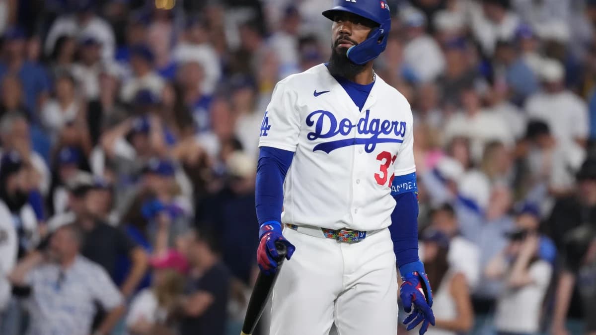 Los Angeles Dodgers outfielder Teoscar Hernandez (37) reacts after striking out in the eighth inning against the Milwaukee Brewers in game four of the NLCS for the 2026 MLB Playoffs at Uniqlo Field at Dodger Stadium.