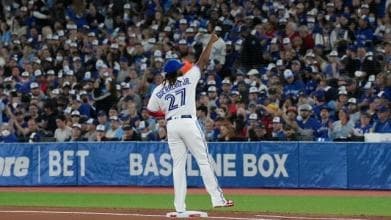 Vladimir Guerrero Jr. signaling the Blue Jays home crowd after win on opening day.