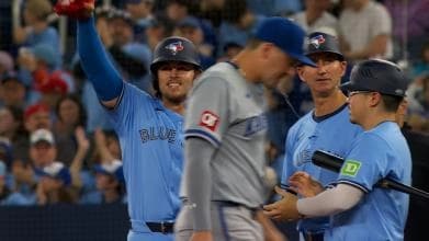 Addison Barger after collecting his first hit in the MLB for the Blue Jays