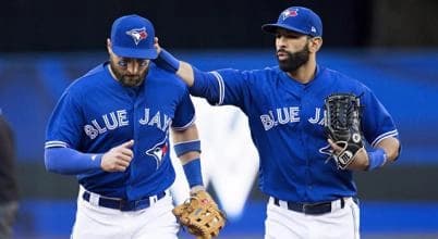 Kevin Pillar (Left) and Jose Bautisa running from the outfield (Right)