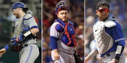 Danny Jansen (Left), Alejandro Kirk (Middle) and former Blue Jays Moreno (right).