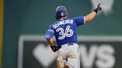 Davis Schneider rounding the bases after a home run. #BlueJays #MLB #Schneider