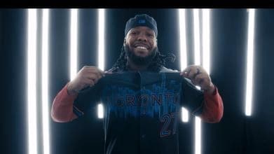 Vladimir Guerrero Jr. wearing the new Blue Jays City Connect Jerseys at last night unveiling. #BlueJays #Nike #MLB