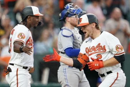 Orioles SS Gunnar Henderson celebrating a home run against the Toronto Blue Jays.