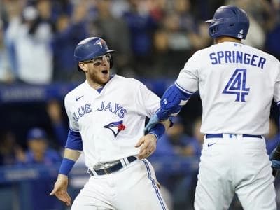 Jansen celebrating with Springer #bluejays #mlb
