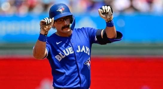 Schneider celebrates a hit #bluejays #mlb