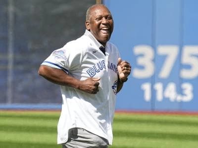 Former player Joe Carter of the 1992 World Series champion Toronto Blue Jays during a ceremony before a game against the Los Angeles Angels at Rogers Centre.