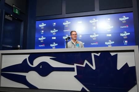 Toronto Blue Jays executive vice president and general manager Ross Atkins speaks to the media before game one of the 2025 MLB World Series against the Los Angeles Dodgers at Rogers Centre.