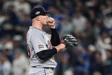 Tigers pitcher Tarik Skubal gets ready to pitch against Mariners during the third inning of ALDS Game 5 at T-Mobile Park in Seattle on Friday, Oct. 10, 2025.
