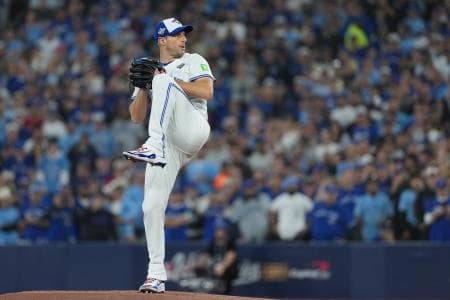 Toronto Blue Jays pitcher Max Scherzer (31) throws a pitch against the Los Angeles Dodgers in the first inning for game seven of the 2025 MLB World Series at Rogers Centre.