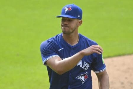 Toronto Blue Jays starting pitcher Jose Berrios (17) walks off the field after the third inning against the Cleveland Guardians at Progressive Field.
