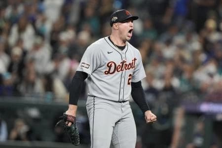Detroit Tigers starting pitcher Tarik Skubal (29) reacts after striking out Seattle Mariners catcher Cal Raleigh (not pictured) during the sixth inning during game five of the ALDS round for the 2025 MLB playoffs at T-Mobile Park.
