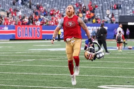 San Francisco 49ers tight end George Kittle (85) leaves the field following a game against the New York Giants at MetLife Stadium.