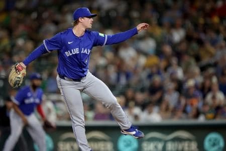 Toronto Blue Jays pitcher Justin Bruihl (58) follows through after a pitch against the Athletics during the seventh inning at Sutter Health