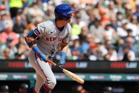 New York Mets second base Jeff McNeil (1) hits a single in the second inning against the Detroit Tigers at Comerica Park.