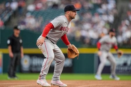 Boston Red Sox third baseman Alex Bregman fields his position against the Detroit Tigers at Comerica Park, May 14, 2025.