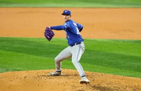 Toronto Blue Jays starting pitcher Bowden Francis (44) throws during the third inning against the Texas Rangers at Globe Life Field.