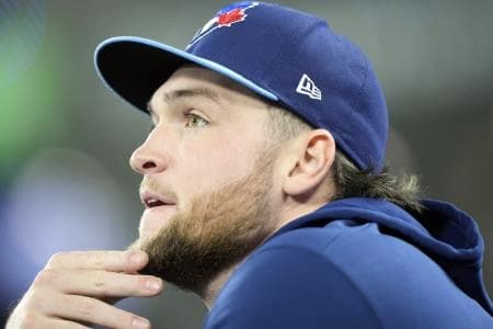 Toronto Blue Jays pitcher Trey Yesavage (39) looks on before game six of the 2025 MLB World Series against the Los Angeles Dodgers at Rogers Centre.
