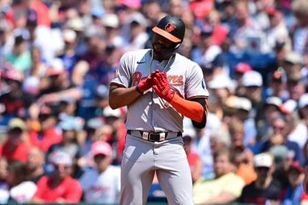 Baltimore Orioles designated hitter Eloy Jimenez (72) celebrates after hitting a RBI single during the third inning against the Cleveland Guardians at Progressive Field.