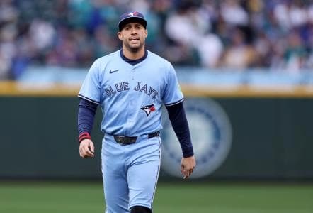 Toronto Blue Jays designated hitter George Springer (4) before game four of the ALCS round for the 2025 MLB playoffs against the Seattle Mariners at T-Mobile Park.