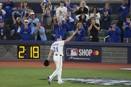 Toronto Blue Jays pitcher Max Scherzer (31) is relieved in the fifth inning against the Los Angeles Dodgers during game seven of the 2025 MLB World Series at Rogers Centre.