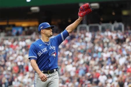 Toronto Blue Jays starting pitcher Jose Berrios (17) reacts after being pulled from the game in the fourth inning against the Minnesota Twins during game two of the Wildcard series for the 2023 MLB playoffs at Target Field
