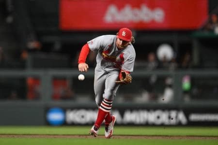 St. Louis Cardinals second baseman Brendan Donovan (33) collects a ball hit by the San Francisco Giants during the eighth inning at Oracle Park.