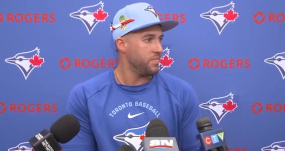 Toronto Blue Jays outfielder George Springer speaks to the media