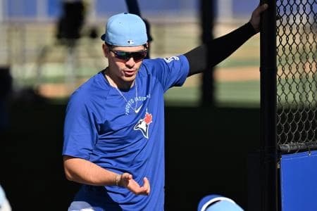 Toronto Blue Jays catcher Brandon Valenzuela (59) takes a break during spring training at the Bobby Mattick Training Center at Englebert Complex.