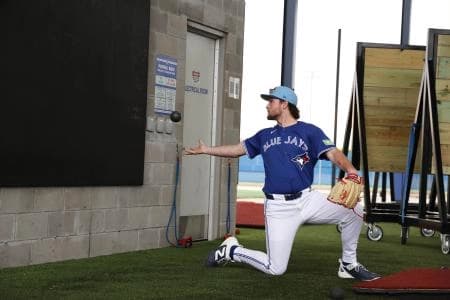 Toronto Blue Jays pitcher Trey Yesavage (39) works out for spring training at Blue Jays Player Development Complex.